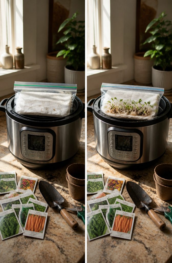An Instant Pot with seeds wrapped in damp paper towels inside.