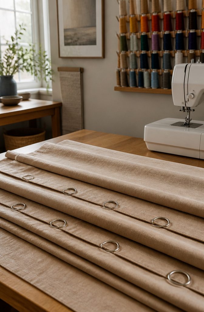 Sewn rings aligned above dowel pockets on a Roman blind.