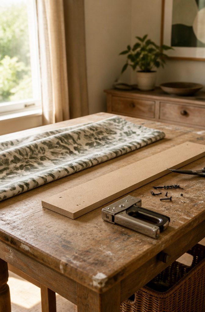 Crafting table with a cut headrail mounting board and tools.