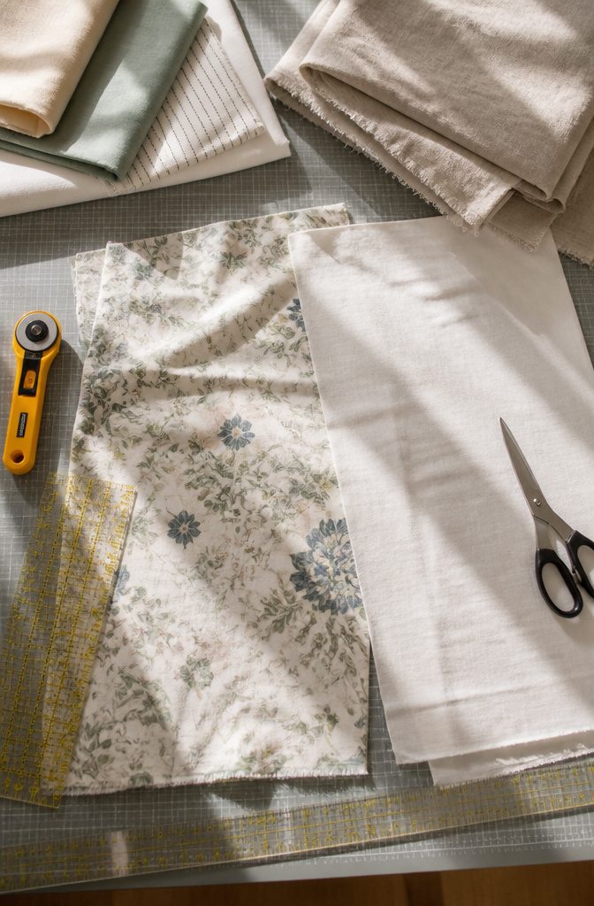 Two pieces of fabric being cut for a Roman blind, with tools nearby.