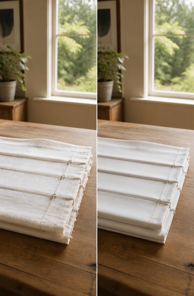Display of lightweight cotton and linen fabrics for Roman blinds.