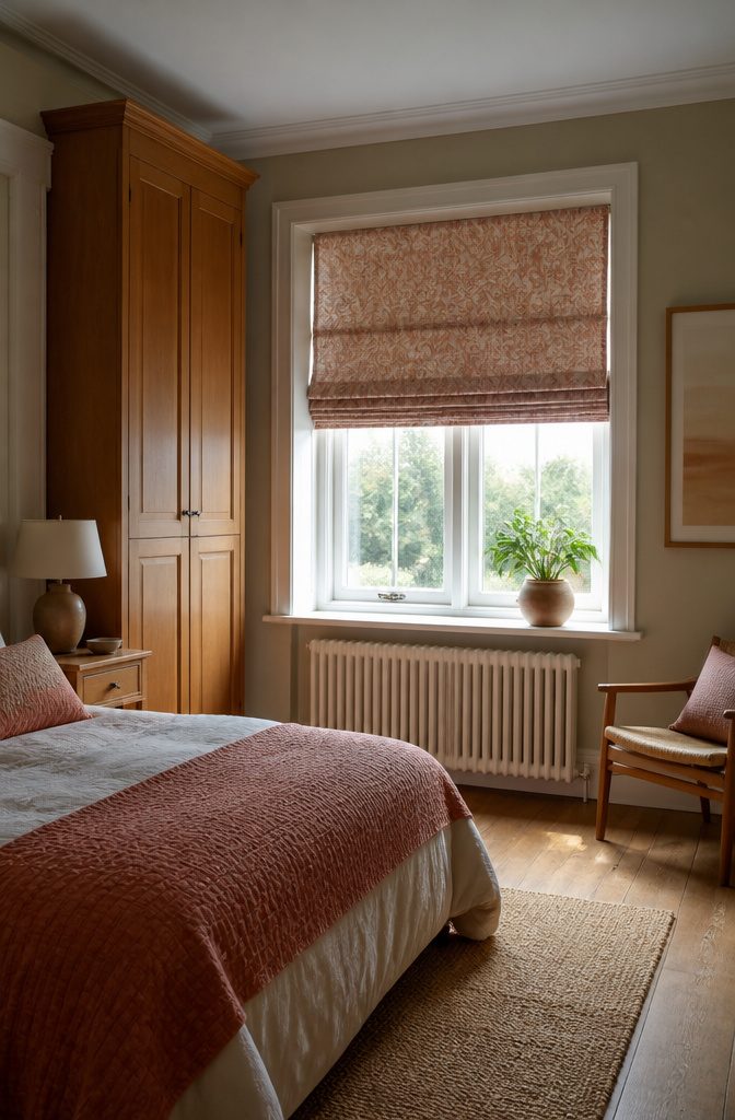 Roman blind being hung and tested for proper fold alignment.