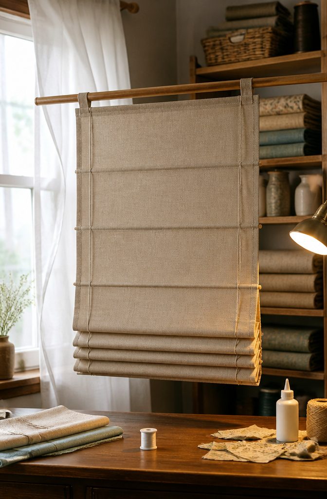 Roman blind with dowels inserted, displayed on a sewing table.