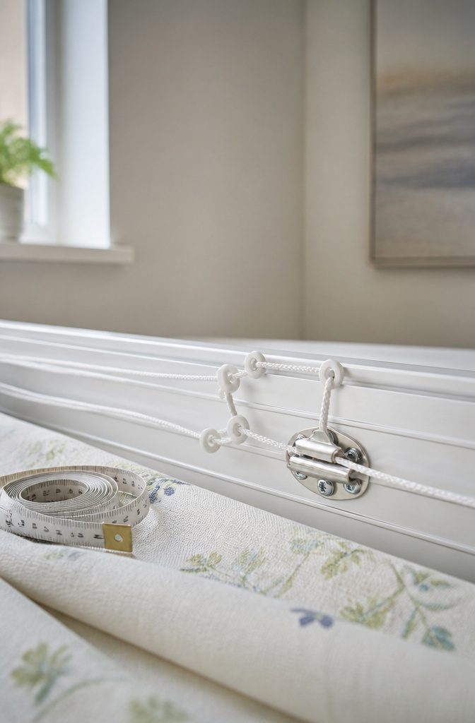 Close-up of a cord lock attached to the headrail of a Roman blind.