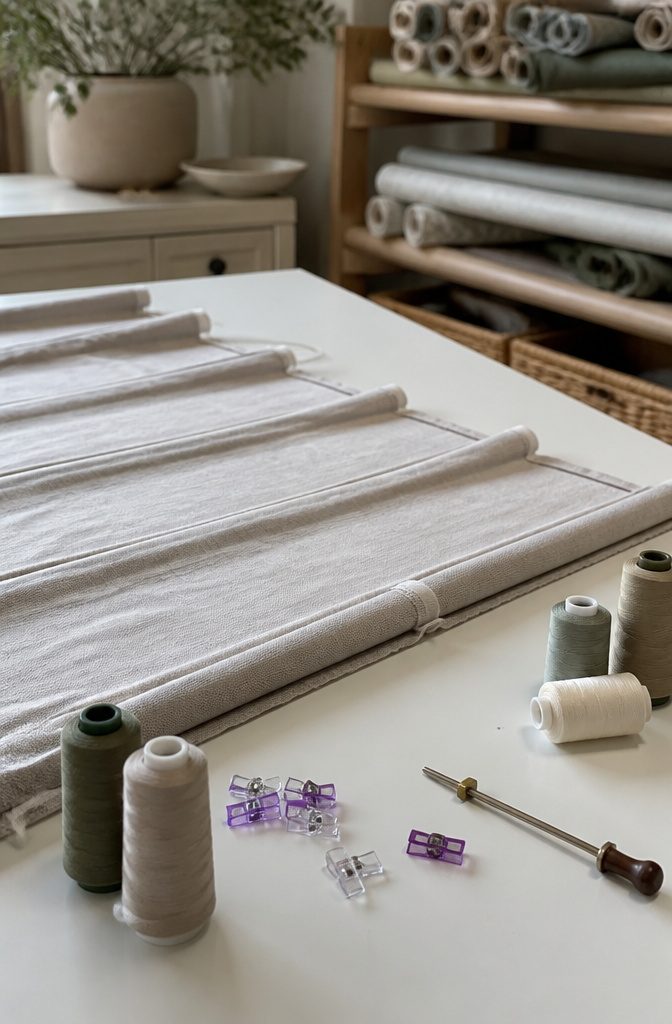 Close-up of dowel pockets sewn into fabric for a Roman blind.