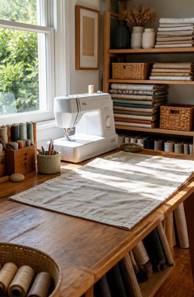 Sewing machine with stitched fabric and lining for a Roman blind.