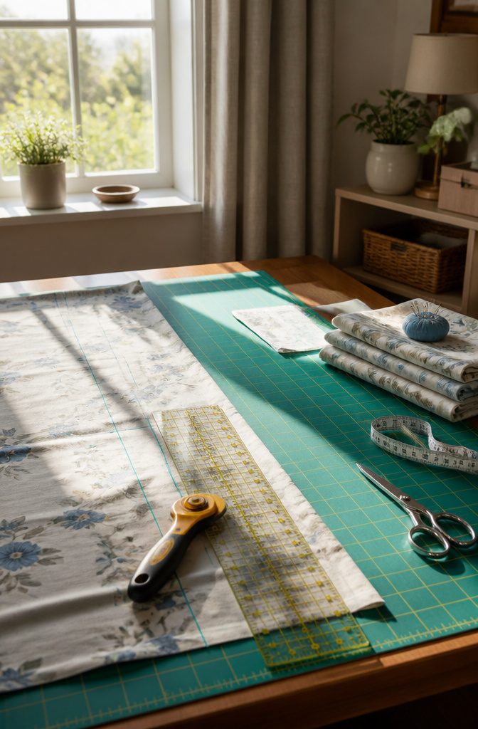 Fabric laid out on a cutting board with a rotary cutter and ruler.