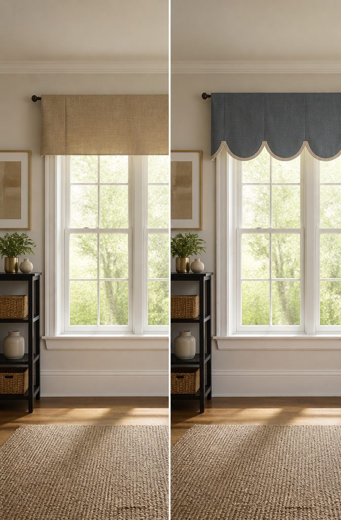 Straight panel fabric valance with a scalloped edge design.