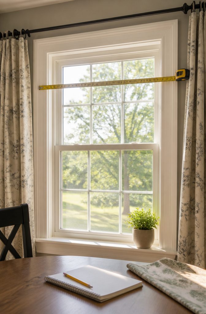 Measuring tape across a window frame with notes on a notepad.
