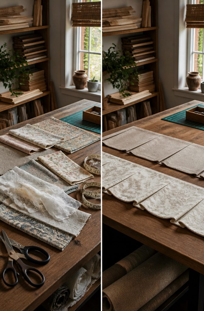 Different fabric types on a table for making a window valance.