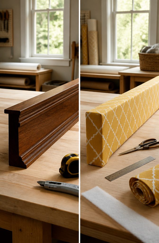 Wooden cornice and foam insulation board for valance alternatives.