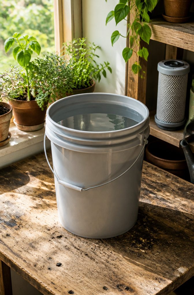 Light-gray 5-gallon bucket on a wooden table with clear water.