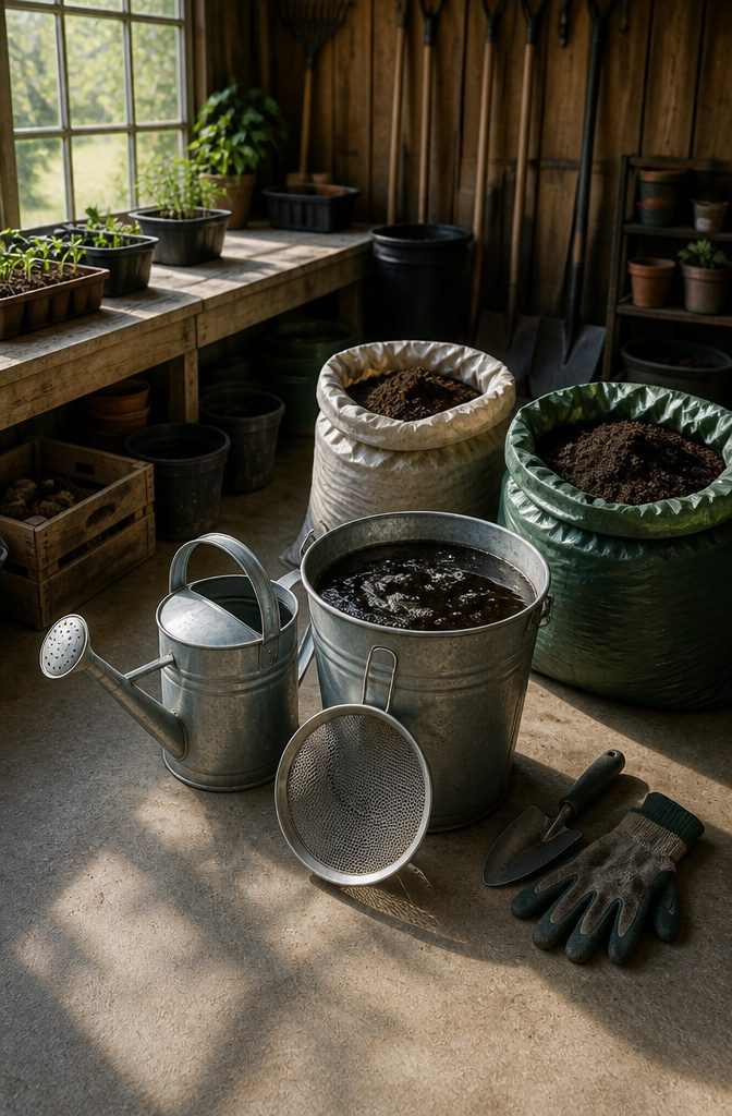 Pouring compost tea from a bucket into a watering can.