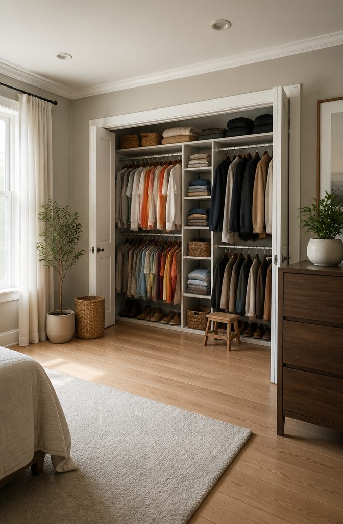 A closet displaying clothes organized by how often they are worn.