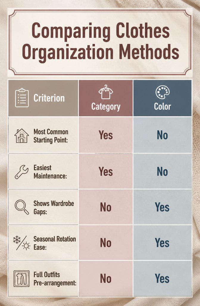 An illustration showing various clothes organization methods side by side.