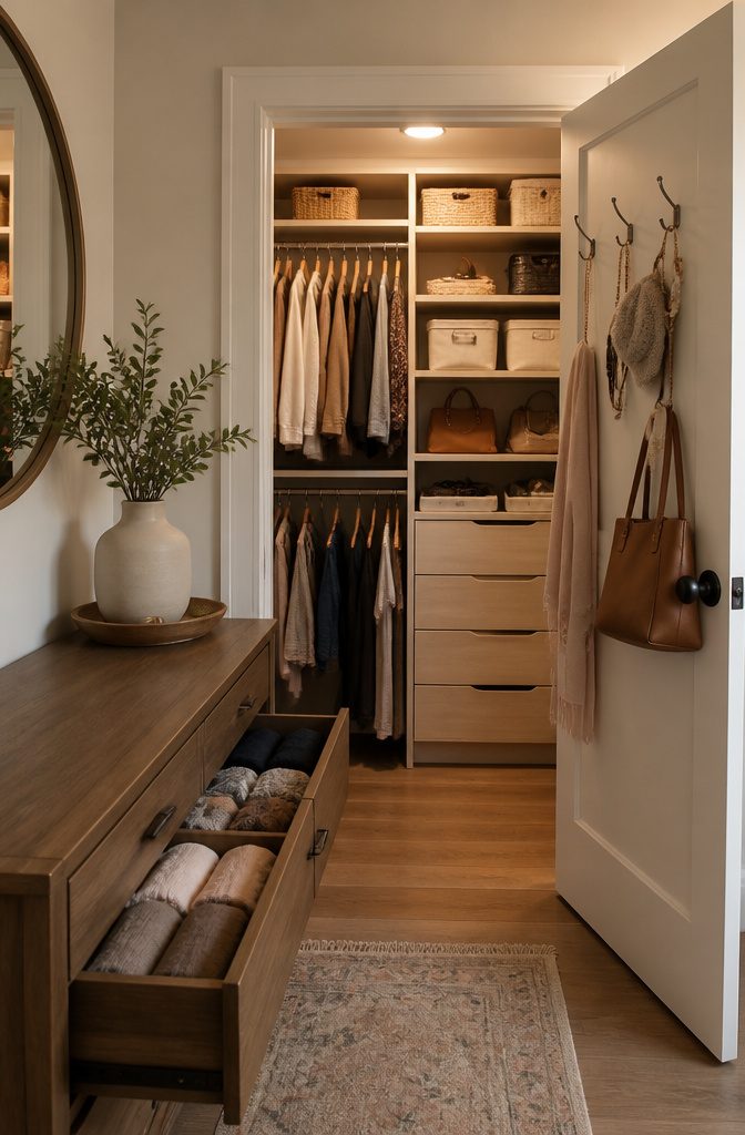 A closet featuring velvet hangers, bins, and organized accessories.