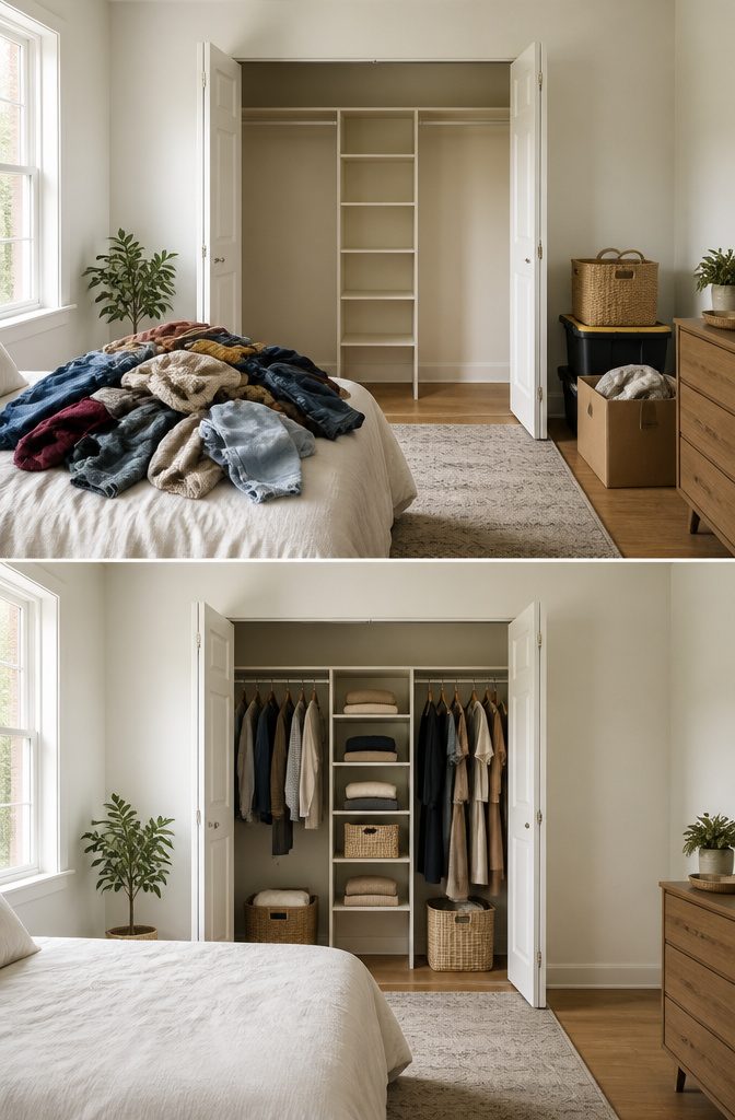 A bed piled high with assorted clothing items for organization.