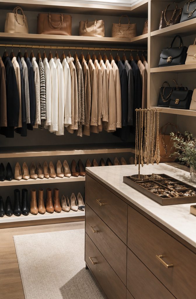 A closet with decorative storage and neatly arranged clothing items.