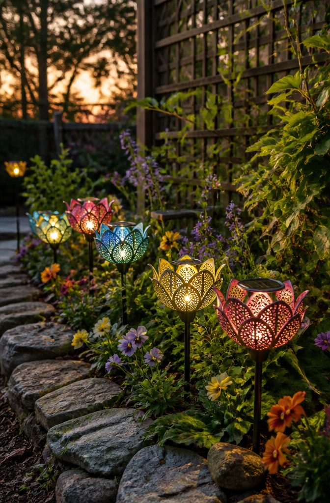 How to Save Energy with Solar Lights: 6 Outdoor Types That Work 7 Decorative solar lights shaped like flowers in a garden.