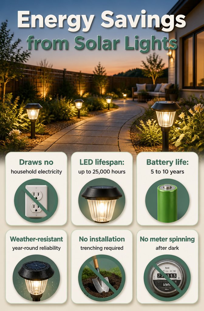 How to Save Energy with Solar Lights: 6 Outdoor Types That Work 8 A solar panel collecting sunlight for outdoor lighting.