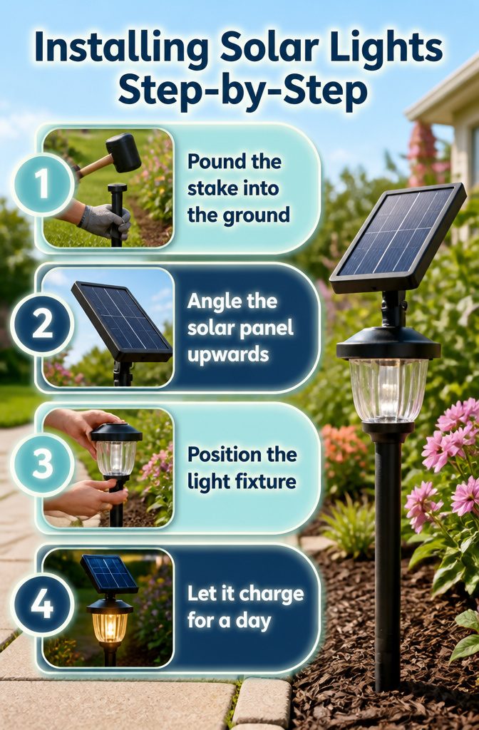 How to Save Energy with Solar Lights: 6 Outdoor Types That Work 10 Step-by-step installation of solar lights in a garden.