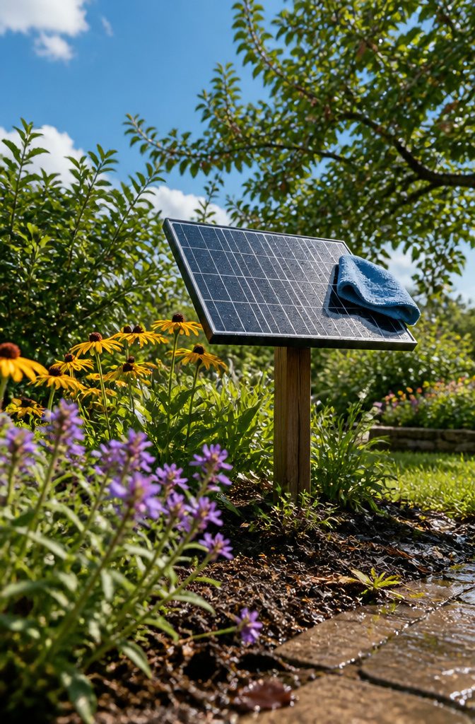 How to Save Energy with Solar Lights: 6 Outdoor Types That Work 12 A solar panel being cleaned among blooming garden flowers.