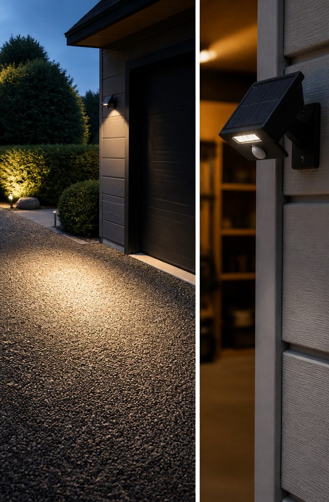 How to Save Energy with Solar Lights: 6 Outdoor Types That Work 6 Solar motion sensor lights mounted outdoors.