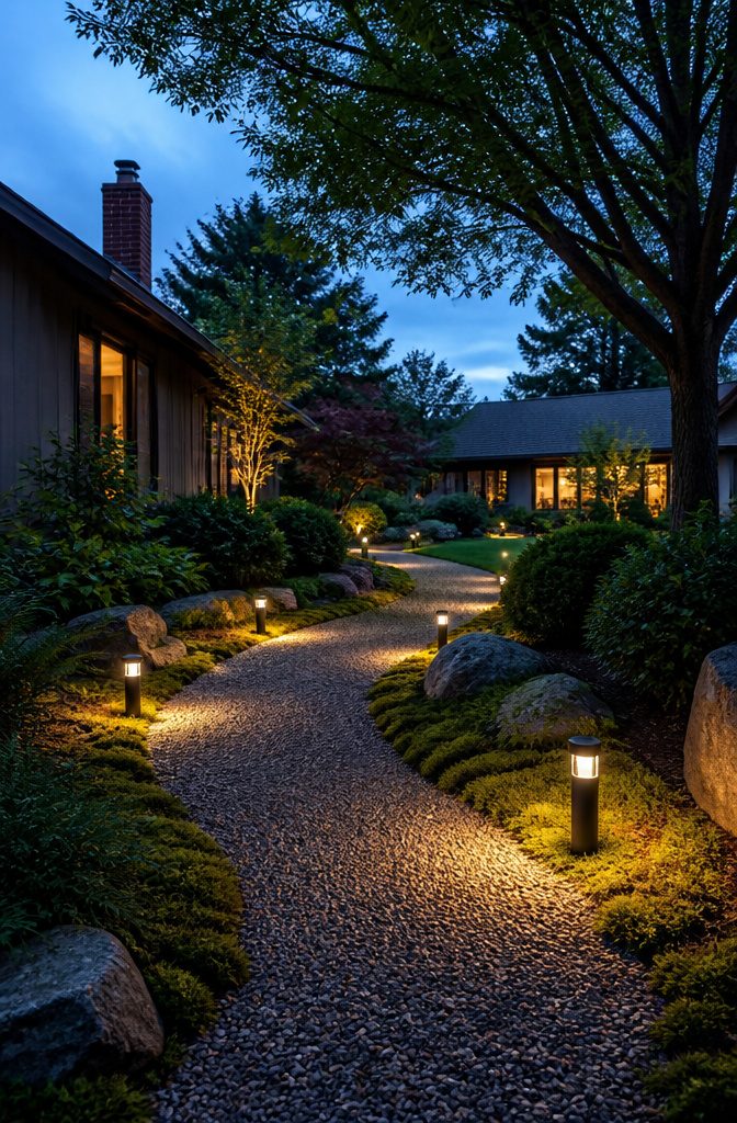 How to Save Energy with Solar Lights: 6 Outdoor Types That Work 2 Solar pathway lights staked along a driveway.