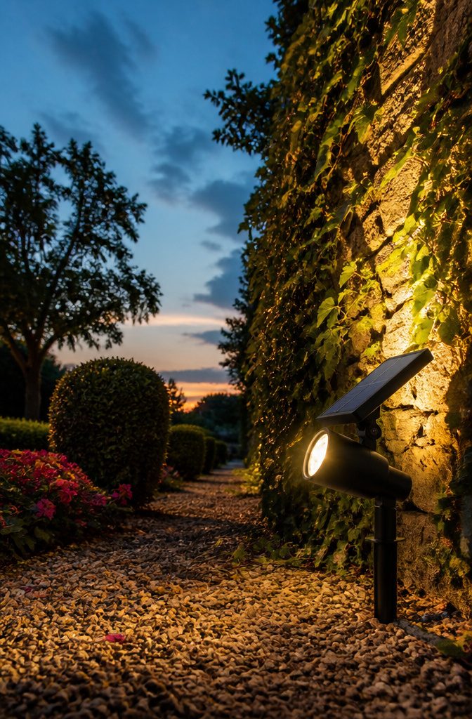 How to Save Energy with Solar Lights: 6 Outdoor Types That Work 3 Solar spotlights aimed at a tree in a yard.