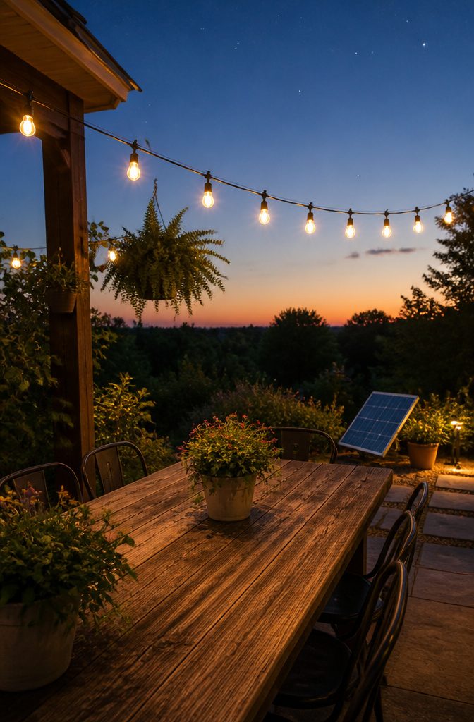 How to Save Energy with Solar Lights: 6 Outdoor Types That Work 4 Solar string lights draped over a wooden table on a patio.
