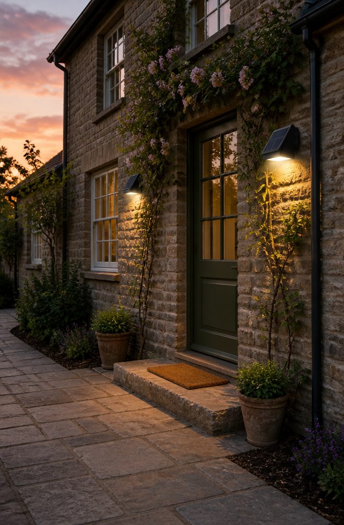How to Save Energy with Solar Lights: 6 Outdoor Types That Work 5 Solar wall lights installed on a brick exterior.