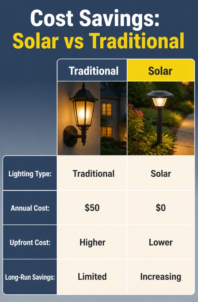 How to Save Energy with Solar Lights: 6 Outdoor Types That Work 9 A comparison of costs between solar and traditional outdoor lighting.