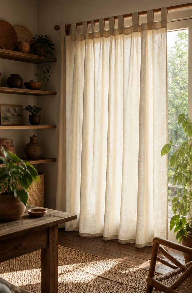 Light ecru back tab curtain draping over a wooden rod in a cozy space.