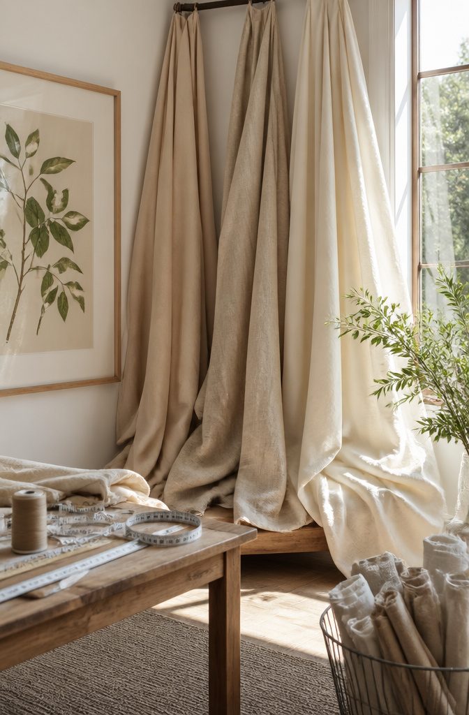 Various canvas drop cloths draped in a sunlit living space.