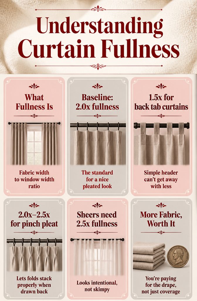 Visual representation of curtain fullness ratios for large windows.