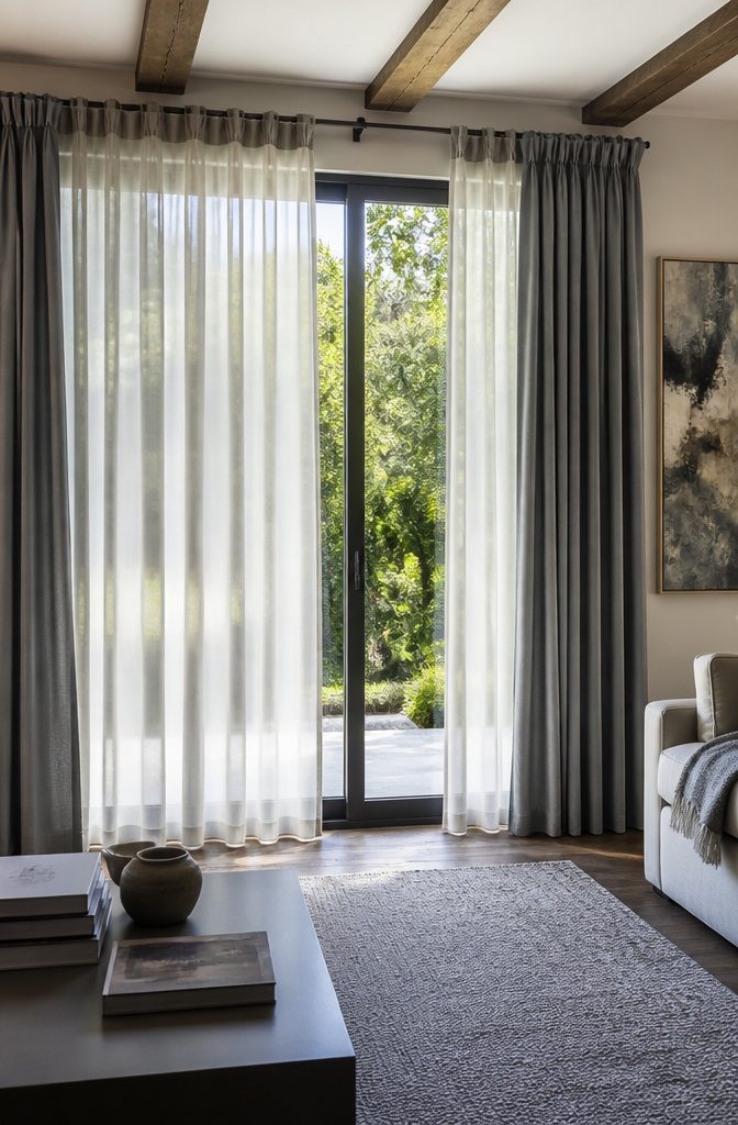 Double rod pocket curtain featuring sheer and heavy fabric over a door.
