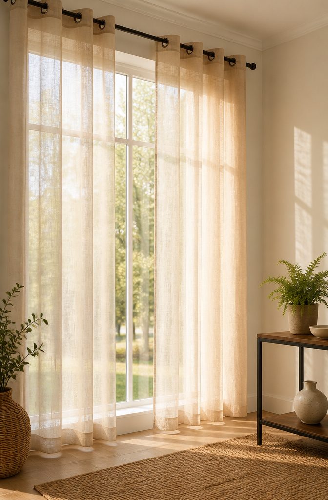 Light linen grommet top curtain with bronze rings over a large window.