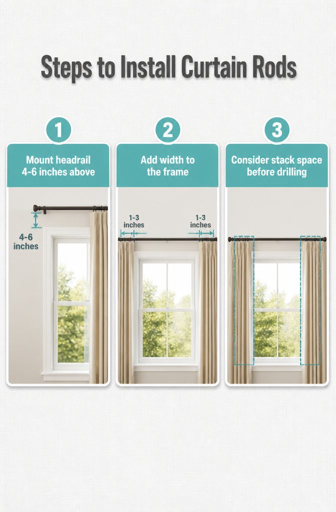 Instructions for installing curtain rods above a window.