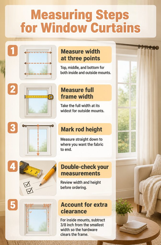 Instructions for measuring window curtains displayed visually.
