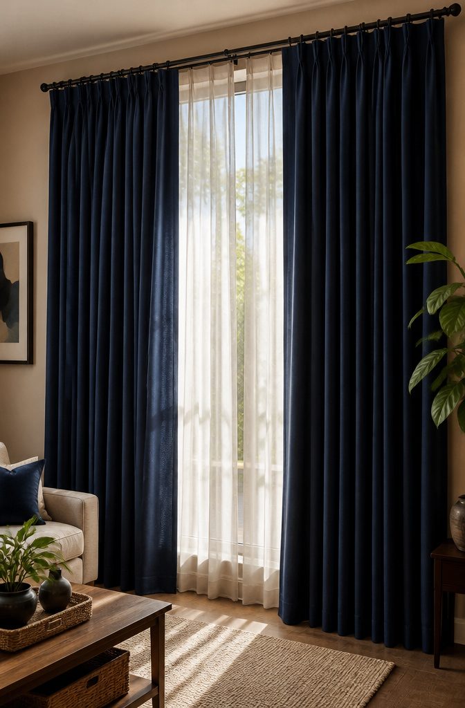 Navy pinch pleat double curtain hanging from a wide, sunlit window.