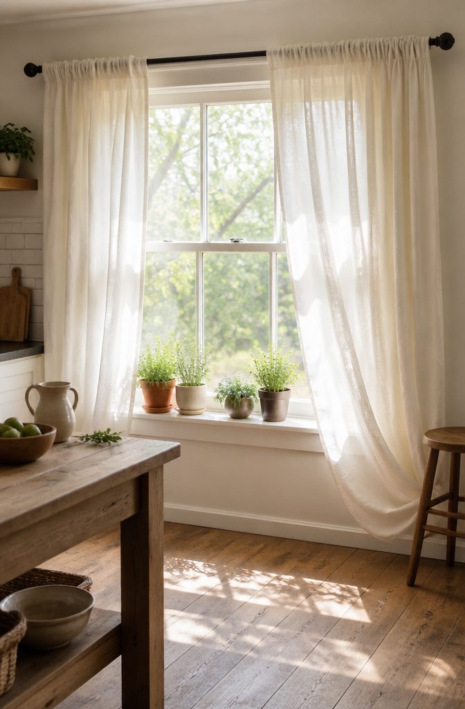 Cream single rod pocket curtain softly billowing at a wide window.