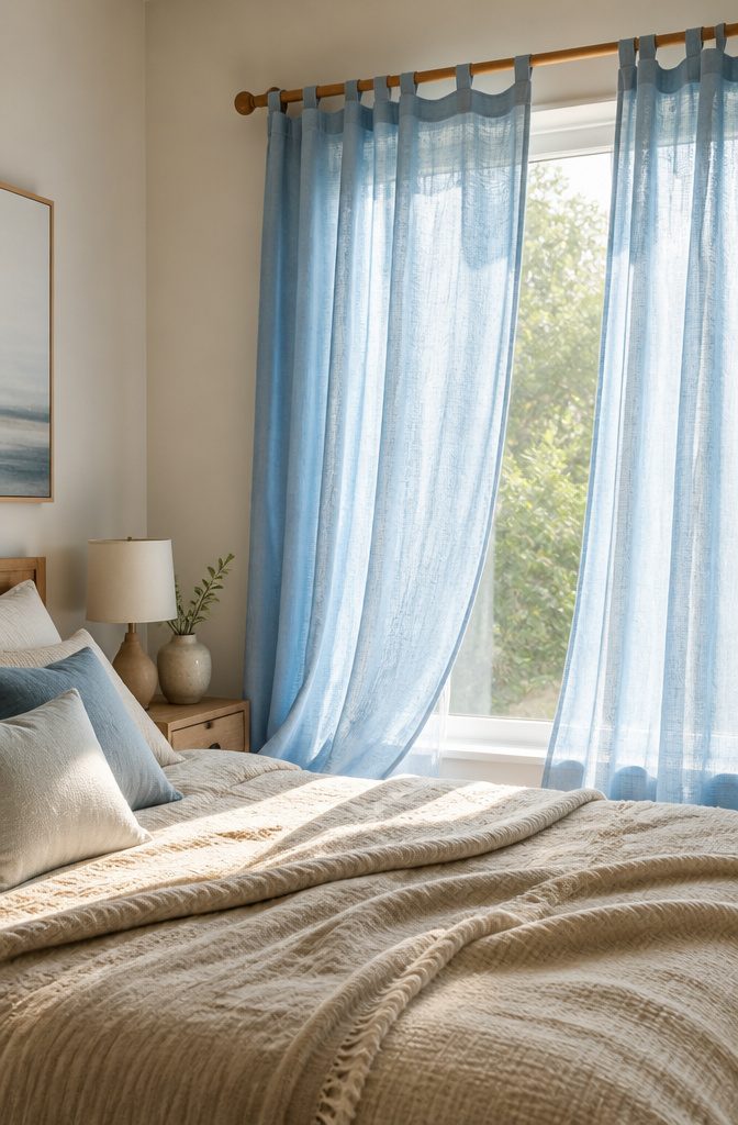 Soft blue tab top curtain hanging from a polished wooden rod.
