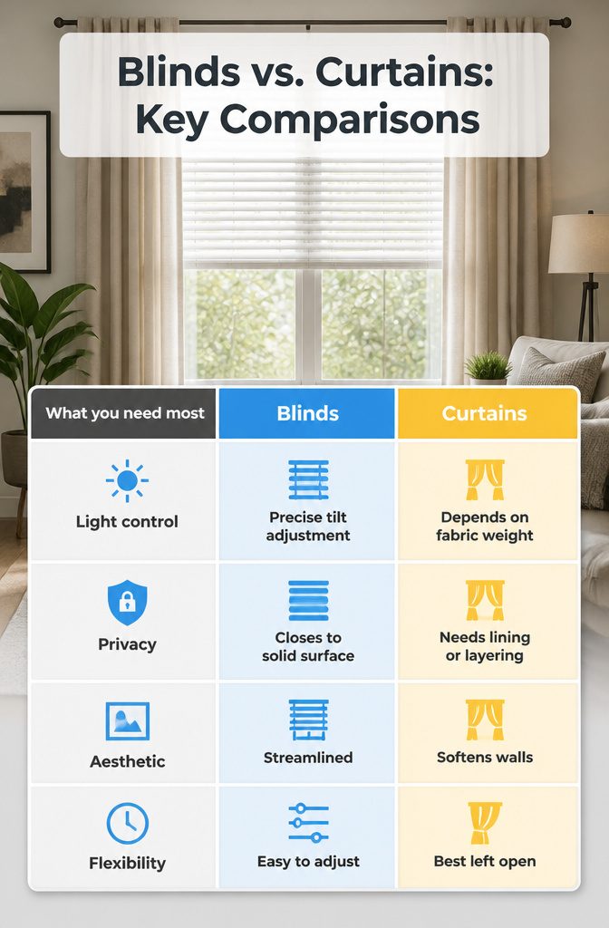 Comparison chart of blinds versus curtains in living room settings.