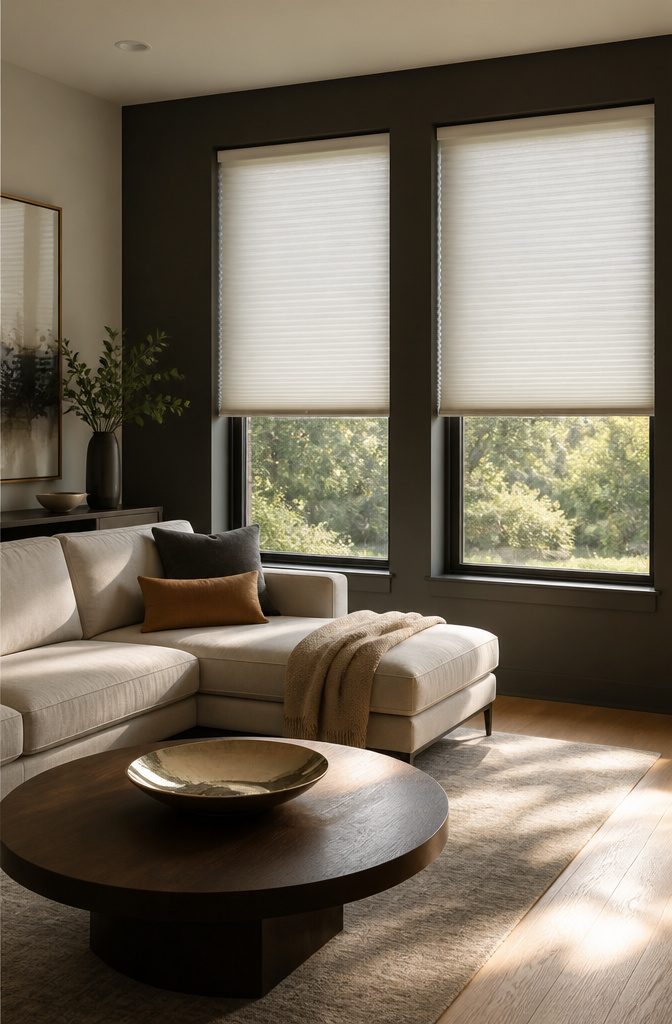 Light-filtering cellular shades rising within a sleek window frame.