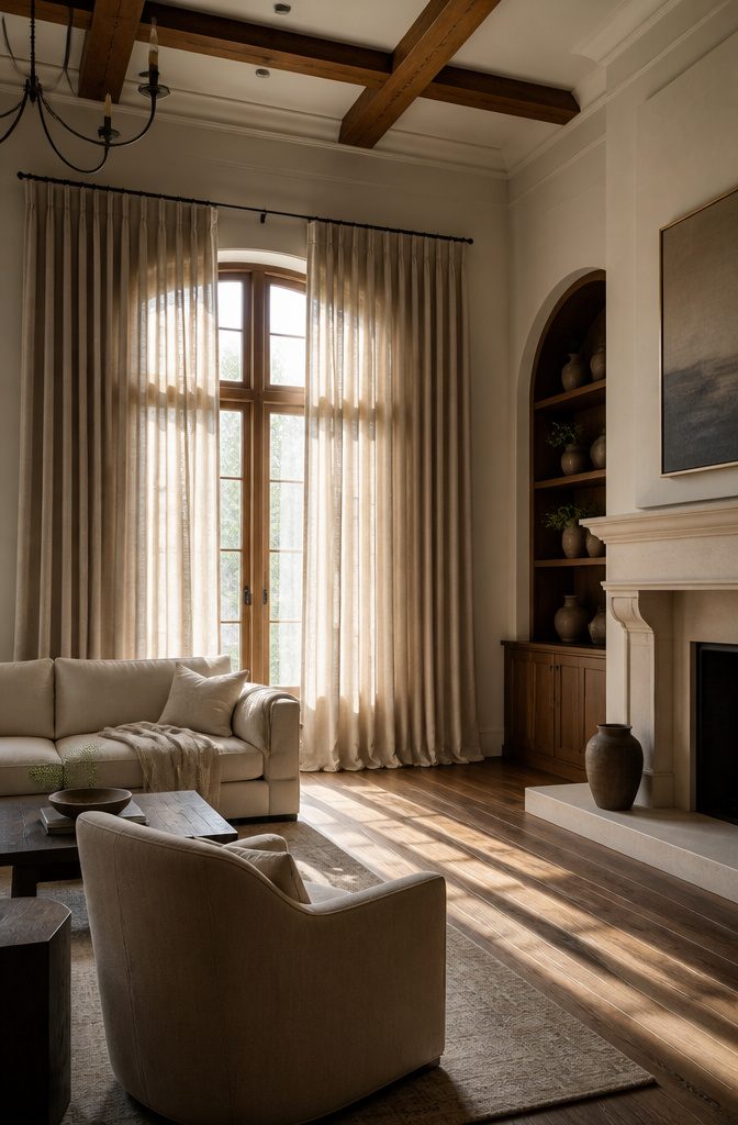 Heavy linen drapes framing a window in a cozy living room.