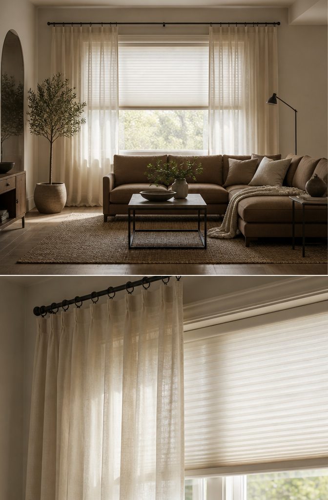 Layered window treatments with shades and curtains in a living room.