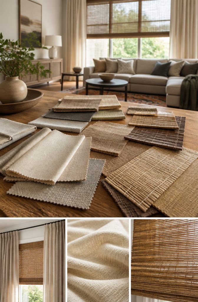 Various fabric samples for living room blinds and curtains displayed together.