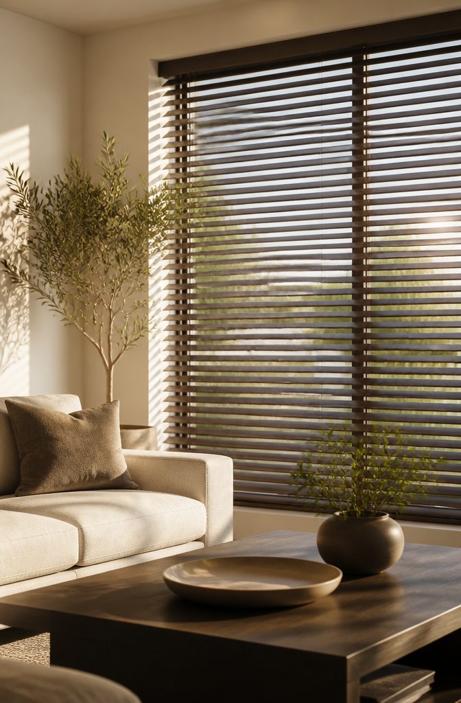 Aluminum metal blinds with 2-inch slats in a living room window.