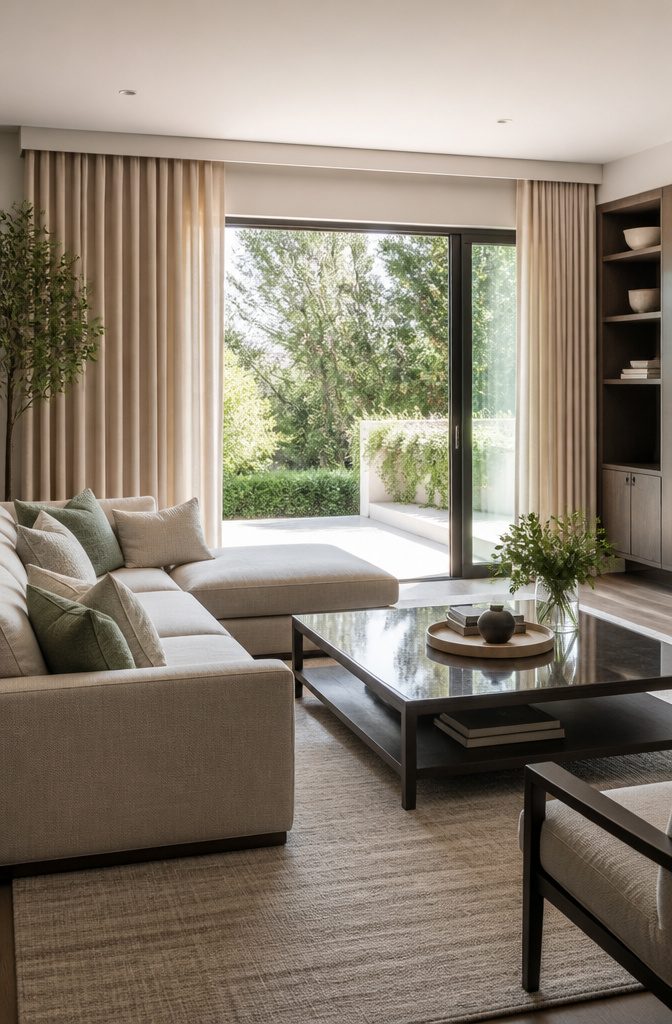 Elegant motorized drapery sliding open in a beautifully designed living room.