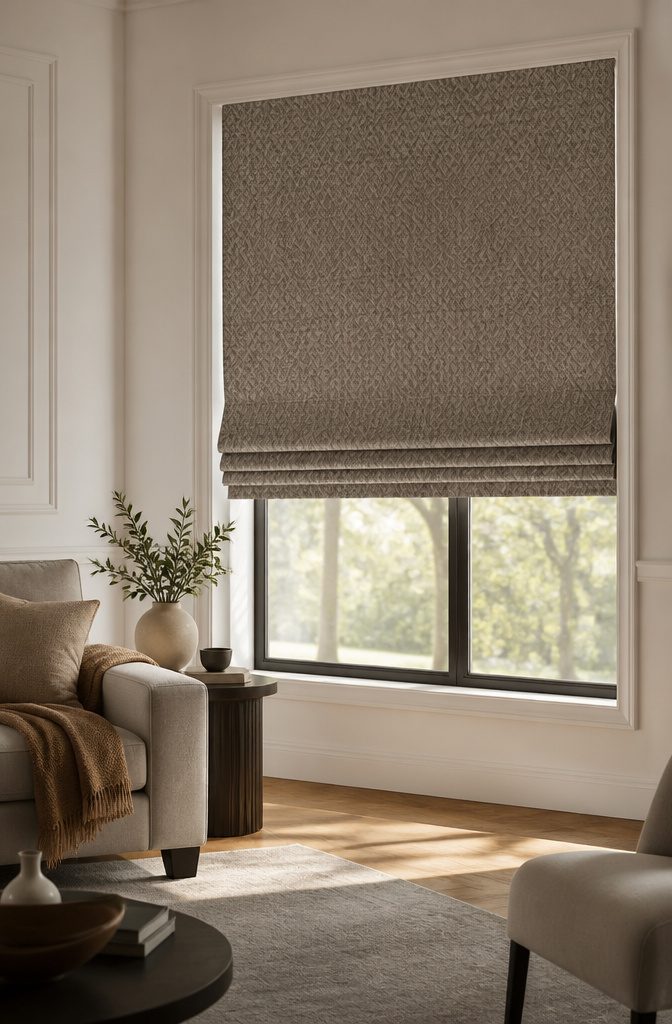 Elegant Roman shades with soft folds in a modern living room.